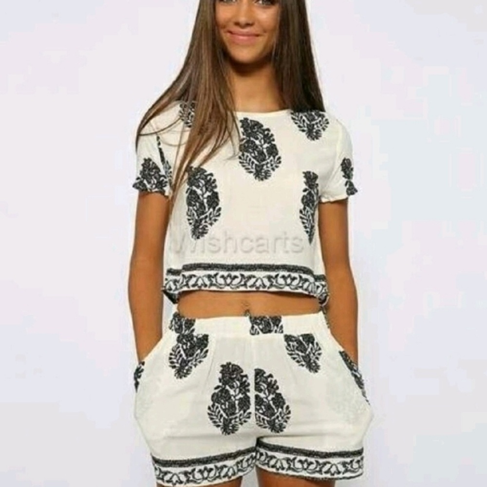 Women Casual Print O-Neck Short Sleeve Crop Tops E